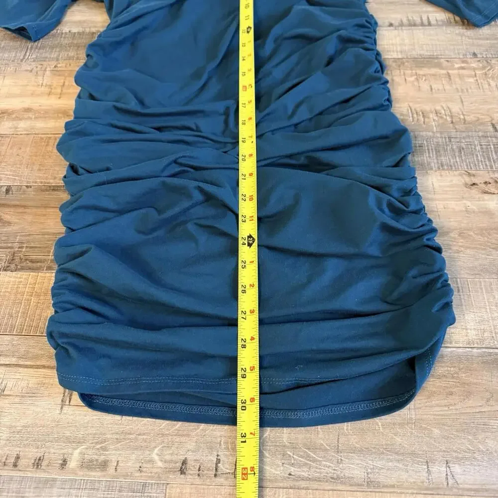 Mother Bee Blue/green midi Ruched Bodycon Dress Maternity M baby shower wedding - Picture 5 of 8